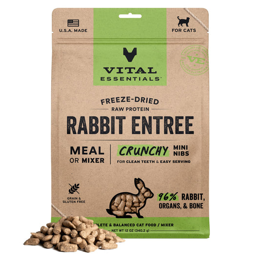 Vital Essentials Freeze Dried Cat Food, Raw Rabbit Crunchy Mini Nibs | Complete Meal or Topper | 96% Rabbit, Organs & Bone | Limited Ingredient, High Protein, Grain Free Dry Cat Food | 12 oz Bag