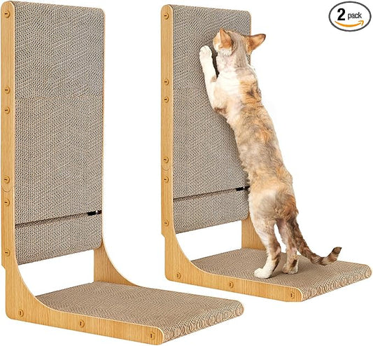 EHEYCIGA 2-Pack Cat Scratcher, 25.6 Inch L-Shaped Cardboard Scratch Pad for Indoor Cats, Vertical Cat Scratching Board with Ball Toy, Furniture Protector, Reversible Design for Double Life, Large
