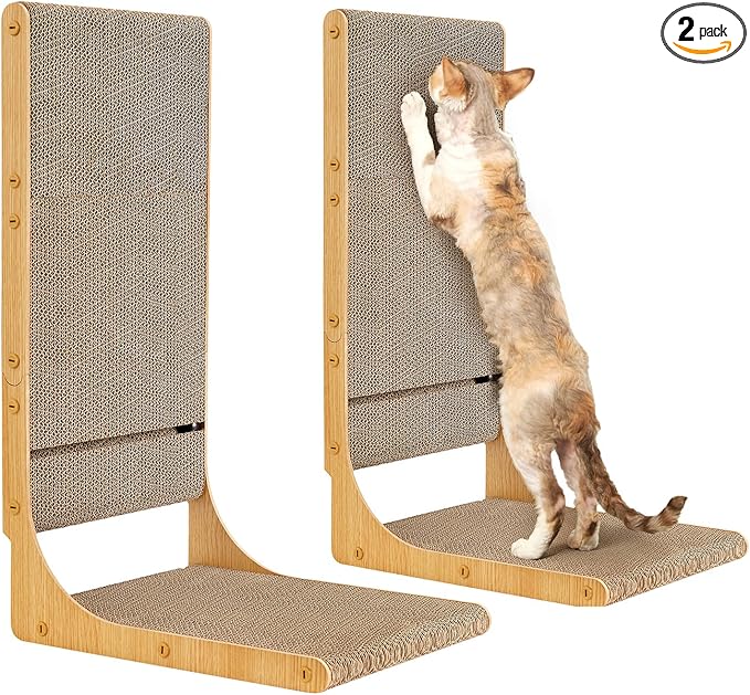 EHEYCIGA 2-Pack Cat Scratcher, 25.6 Inch L-Shaped Cardboard Scratch Pad for Indoor Cats, Vertical Cat Scratching Board with Ball Toy, Furniture Protector, Reversible Design for Double Life, Large