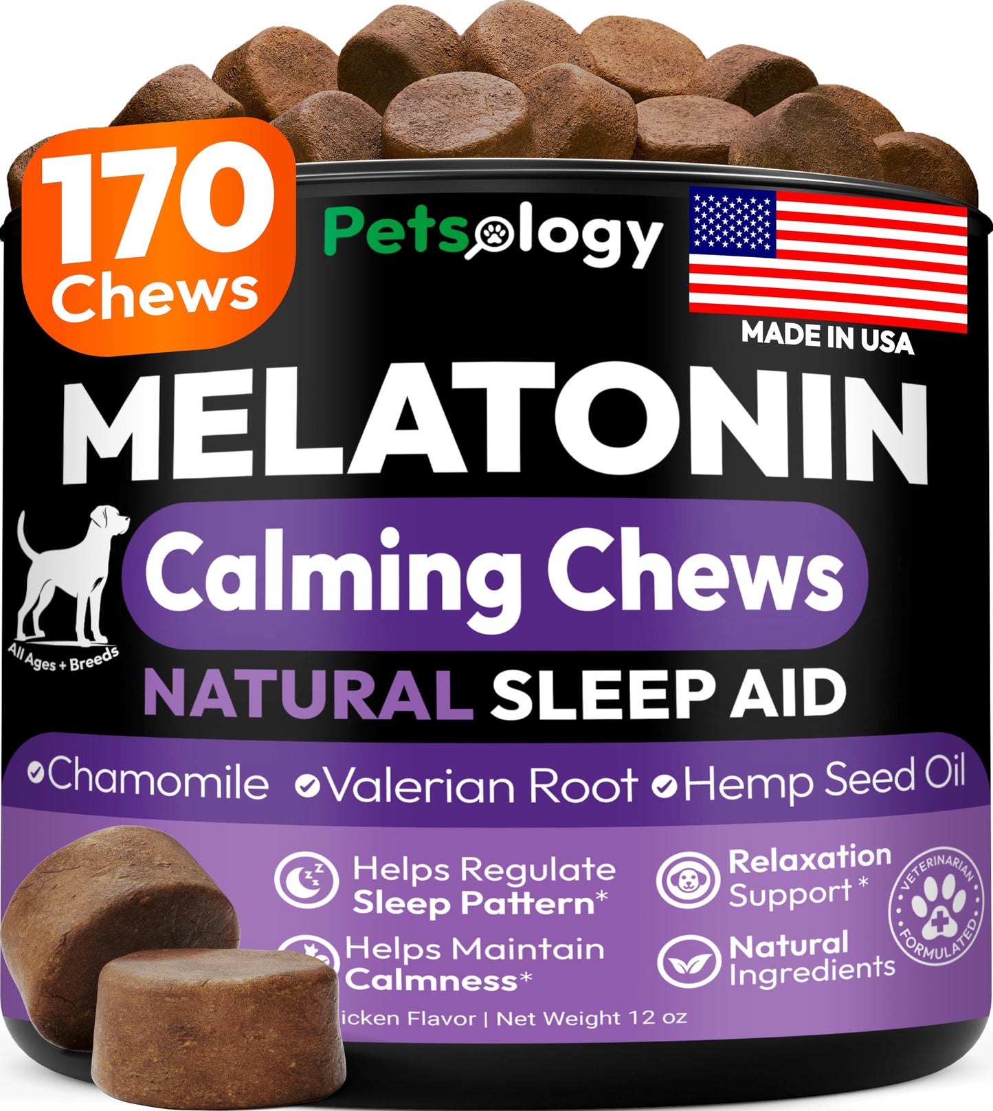 Advanced Melatonin for Dogs - 170 Dog Melatonin Calming Chews for Small and Large Dogs - Natural Hemp Dog Sleep Aid, Puppy Sleeping Pills, Anxiety, Stress, Separation, Barking, Fireworks - Made in USA