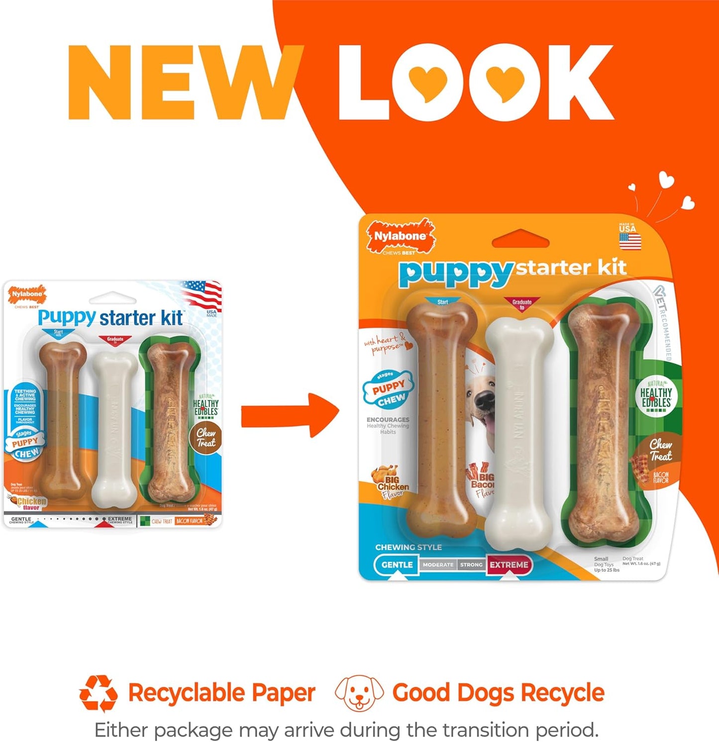 Nylabone New Puppy Starter Kit, 2 Chew Toys and 1 Natural Treat for Puppies, Puppy Teething Toy, Bacon & Chicken Flavor, Small Dogs - Up to 25 lbs., 3 Pack