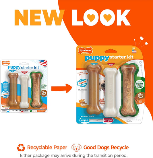 Nylabone New Puppy Starter Kit, 2 Chew Toys and 1 Natural Treat for Puppies, Puppy Teething Toy, Bacon & Chicken Flavor, Small Dogs - Up to 25 lbs., 3 Pack