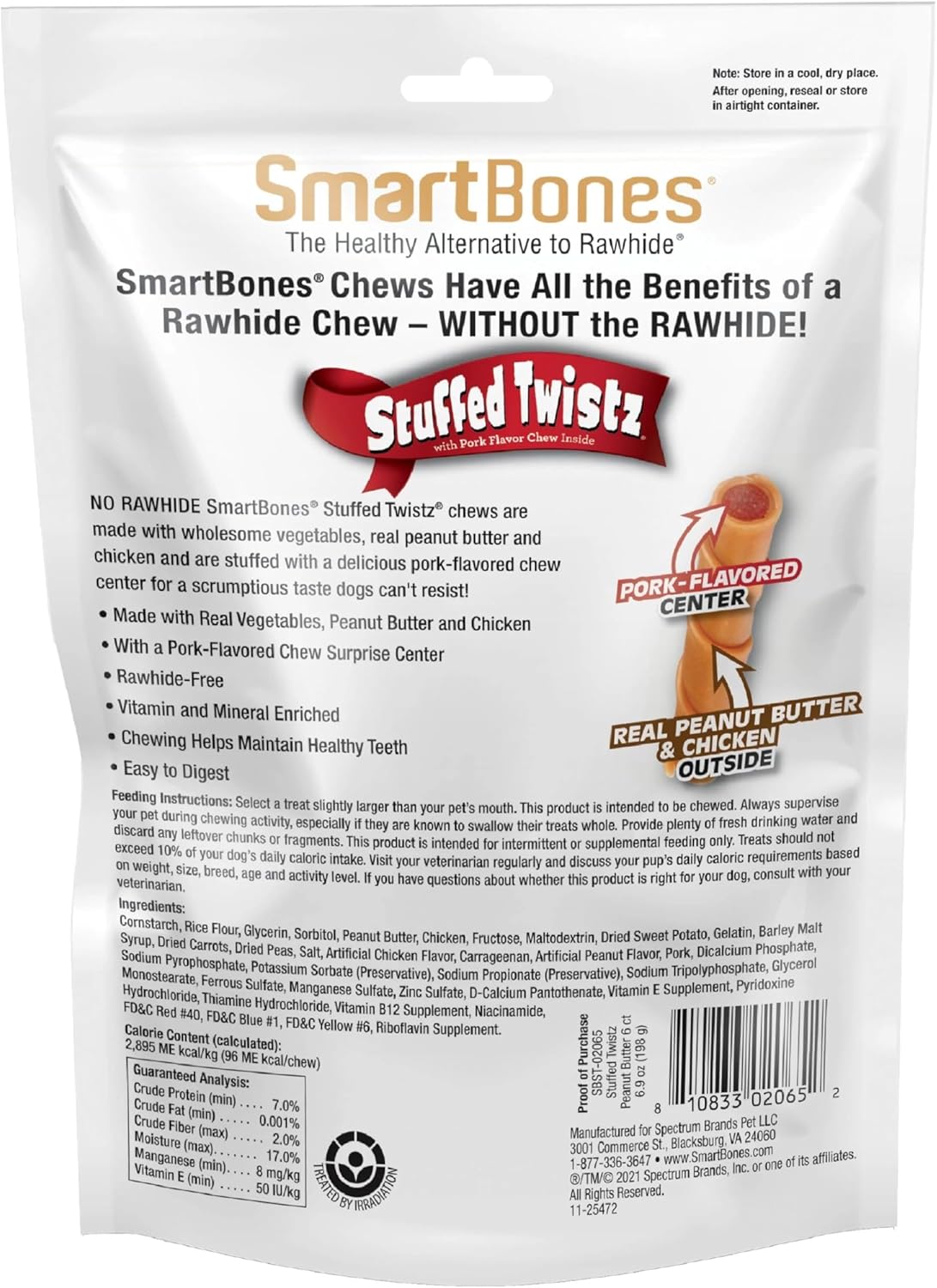 SmartBones Stuffed Twistz with Peanut Butter, Rawhide-Free Chews for Dogs Stuffed with Pork Flavor, 6 Twistz