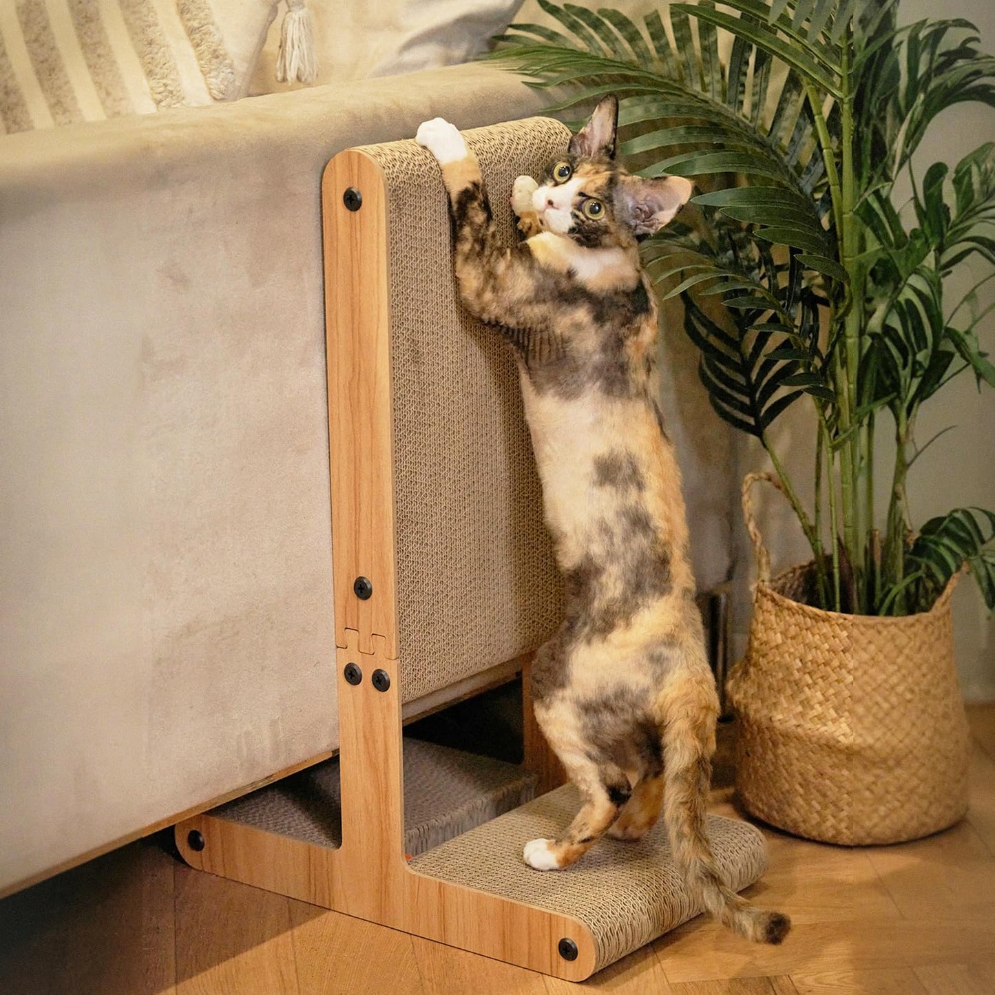 Nekosan T-Shaped Cat Scratcher for Indoor Cats, Double-Sided Furniture Protector, 23.6x16.9x9.6 Inch Large, Cardboard With Ball Toy