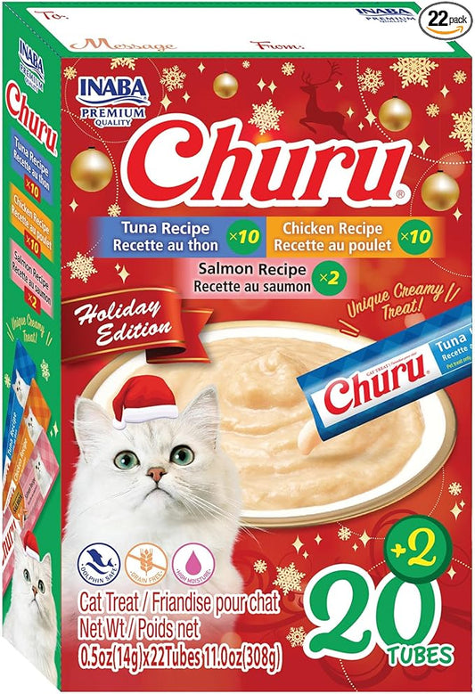 INABA Churu Cat Treats, Lickable, Squeezable Creamy Purée Cat Treat with Vitamin E, 0.5oz Each Tube, 22 Tubes, Holiday Variety Pack