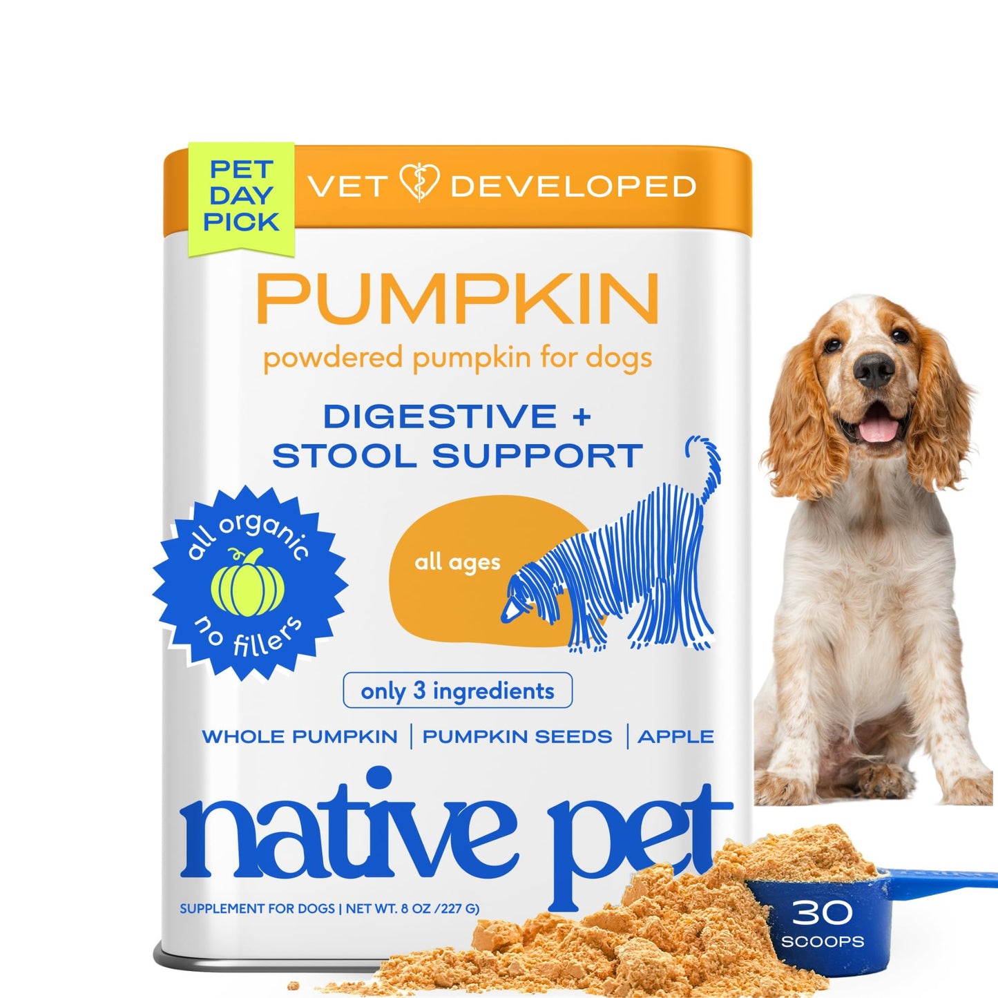 Native Pet Pumpkin for Dogs - Organic Dog Food Topper Powder - Promotes Firm Stools, Supports Digestive, Bowel Health & Nutrient Absorption - USDA Organic, Rich in Fiber with Real Pumpkin - 30 Scoops