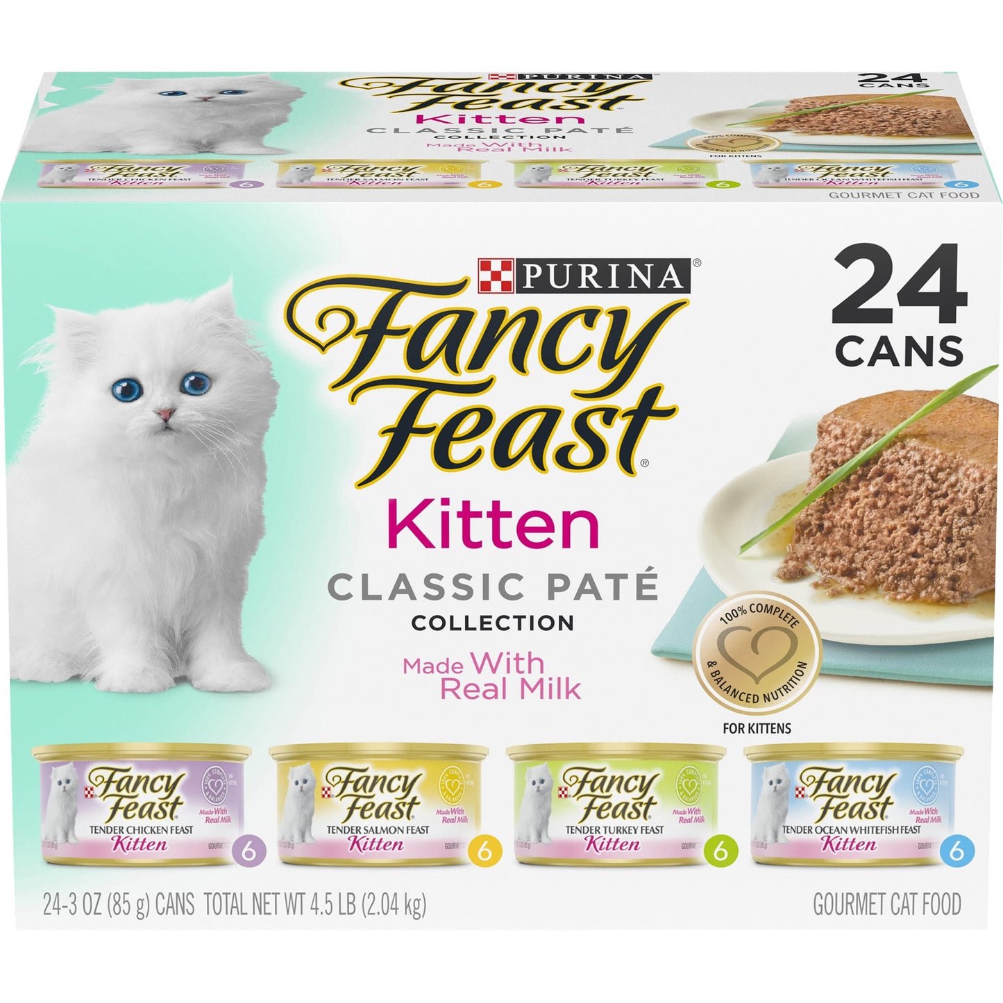 Purina Fancy Feast Tender Ocean Whitefish, Turkey, Chicken and Salmon Feasts Wet Kitten Food Variety Pack - (Pack of 24) 3 oz. Boxes