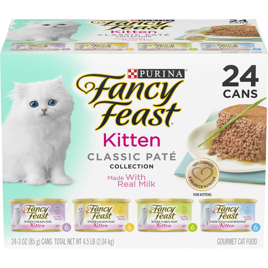 Purina Fancy Feast Tender Ocean Whitefish, Turkey, Chicken and Salmon Feasts Wet Kitten Food Variety Pack - (Pack of 24) 3 oz. Boxes