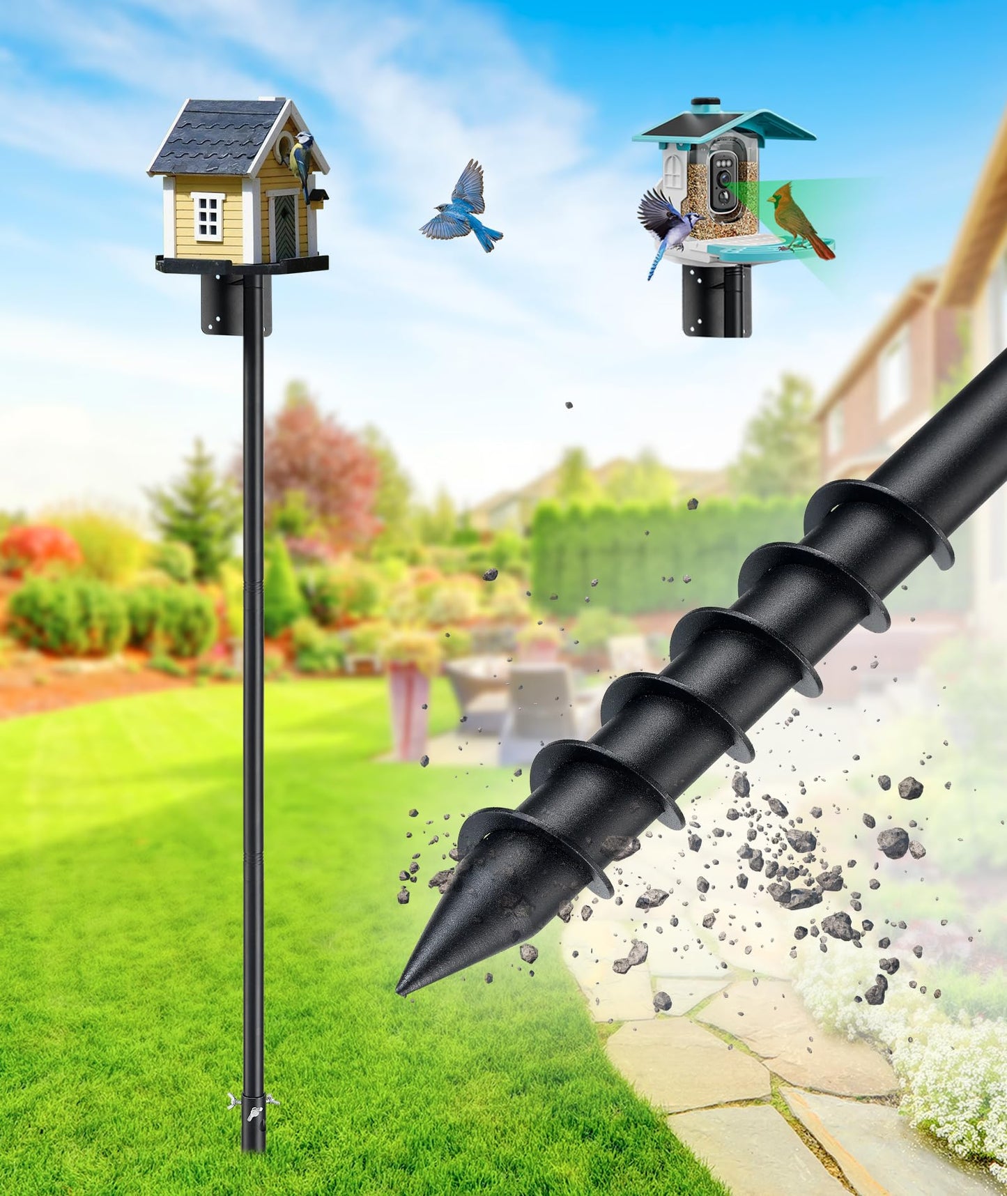 Heavy Duty Bird Feeder Pole - 60 Inch Adjustable 1 Inch Metal Bird House Pole with 14” Deep Auger Base | Outdoor Mount Kit for Bluebird Houses, Hummingbird Feeders, Smart Bird Feeder with Camera