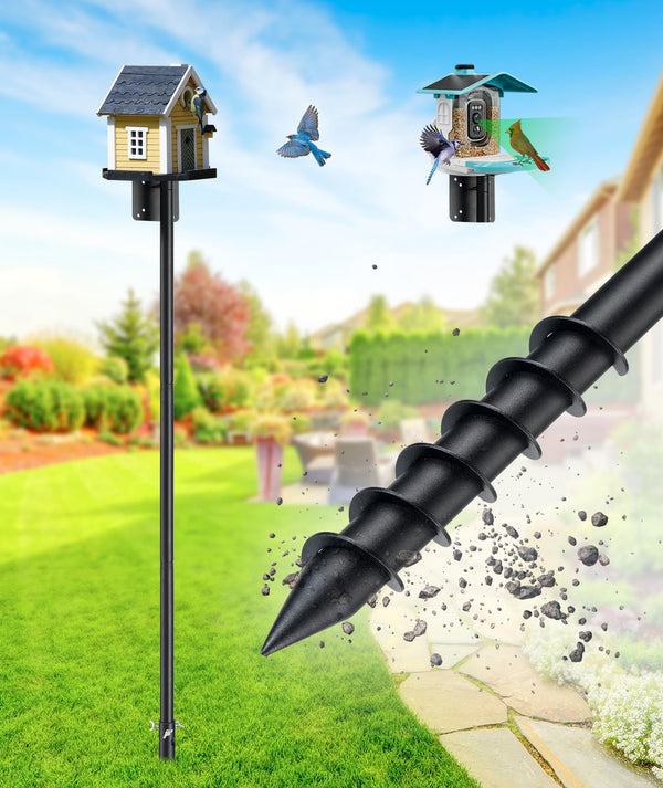 Heavy Duty Bird Feeder Pole - 60 Inch Adjustable 1 Inch Metal Bird House Pole with 14” Deep Auger Base | Outdoor Mount Kit for Bluebird Houses, Hummingbird Feeders, Smart Bird Feeder with Camera