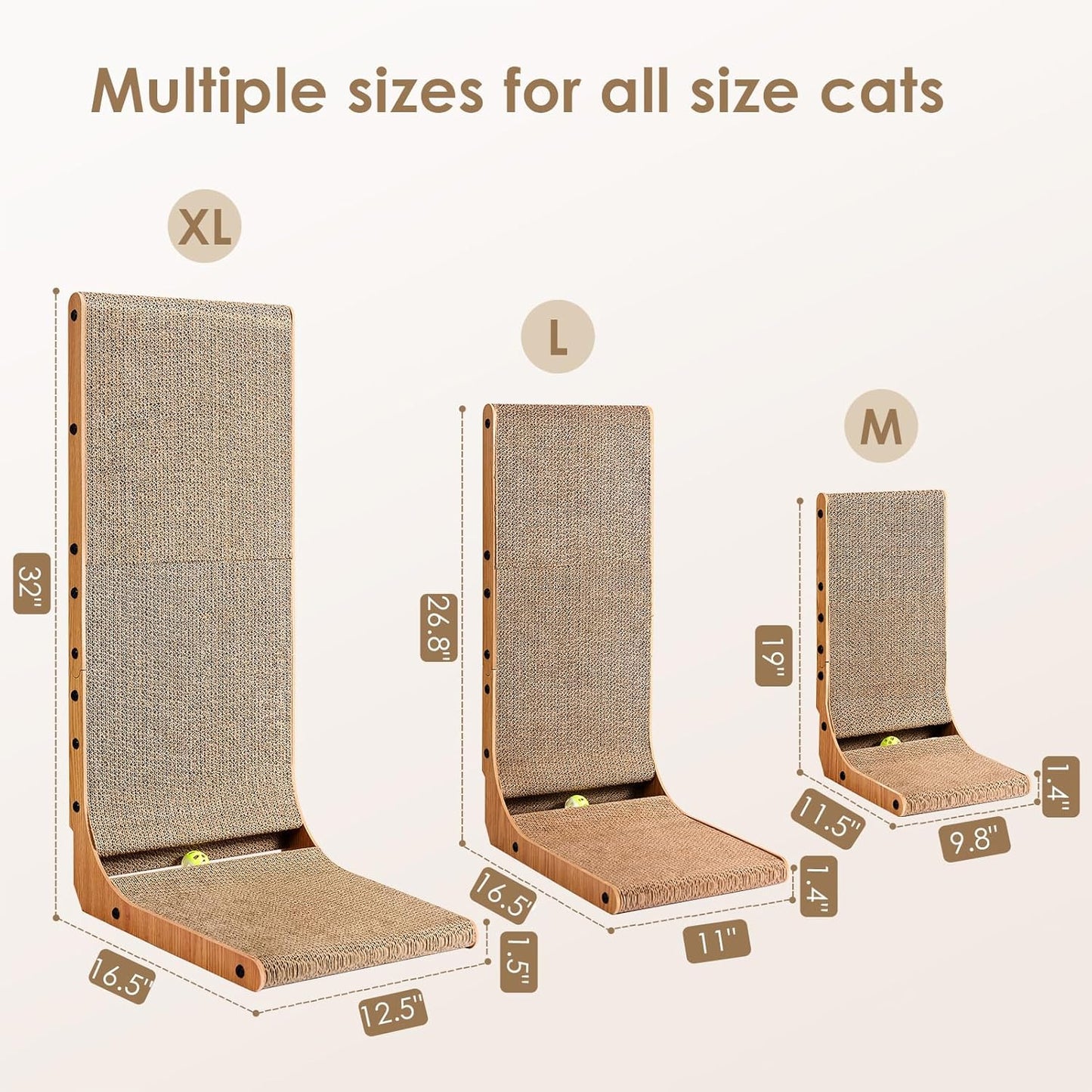 EHEYCIGA Cardboard Cat Scratcher for Indoor Cats, 26.8 Inch L Shaped Vertical Cat Scratching Board with Ball Cat Toy, Large Cat Scratcher Pad, Brown