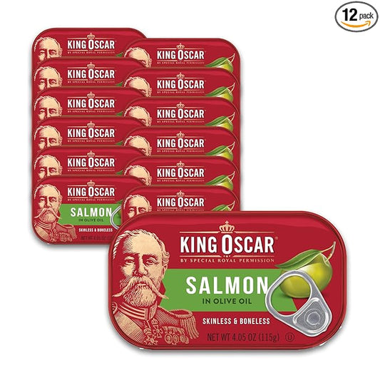 King Oscar Premium Skinless & Boneless Atlantic Salmon in Olive Oil, 4.05 oz Cans, Pack of 12, Tinned Salmon