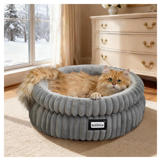 BALANCE Cat Bed Kitten Bed, Washable Round Cat Beds for Indoor Cats, Super Soft Plush Faux Fur Pet Bed for Puppy and Kitten with Anti-Slip Bottom
