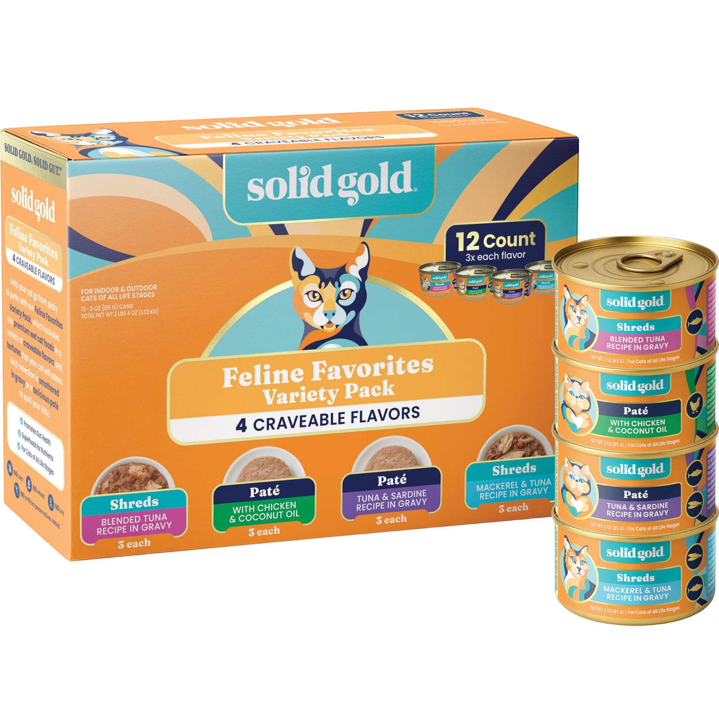 Solid Gold Wet Cat Food Variety Pack - Pate & Shreds in Gravy - Healthy Canned Cat Food Pate w/Real Chicken, Tuna, Mackerel & Sardine - Grain Free