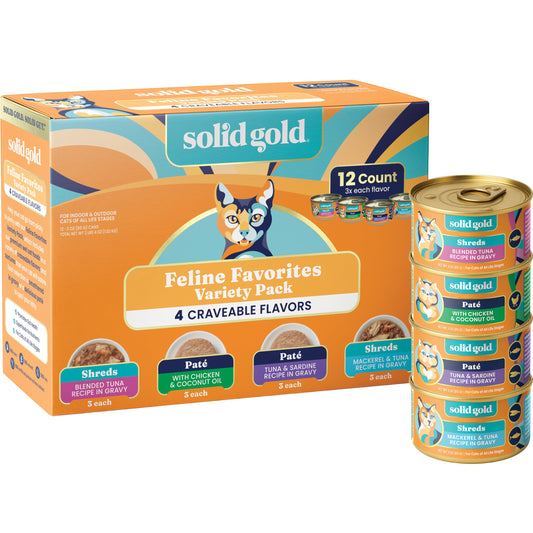 Solid Gold Wet Cat Food Variety Pack - Pate & Shreds in Gravy - Healthy Canned Cat Food Pate w/Real Chicken, Tuna, Mackerel & Sardine - Grain Free