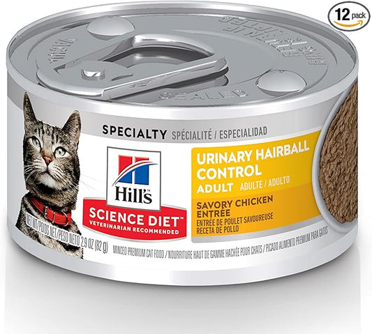 Hill's Science Diet Adult Urinary & Hairball Control Wet Cat Food, Chicken Minced, 2.9 oz. Cans, 12-Pack