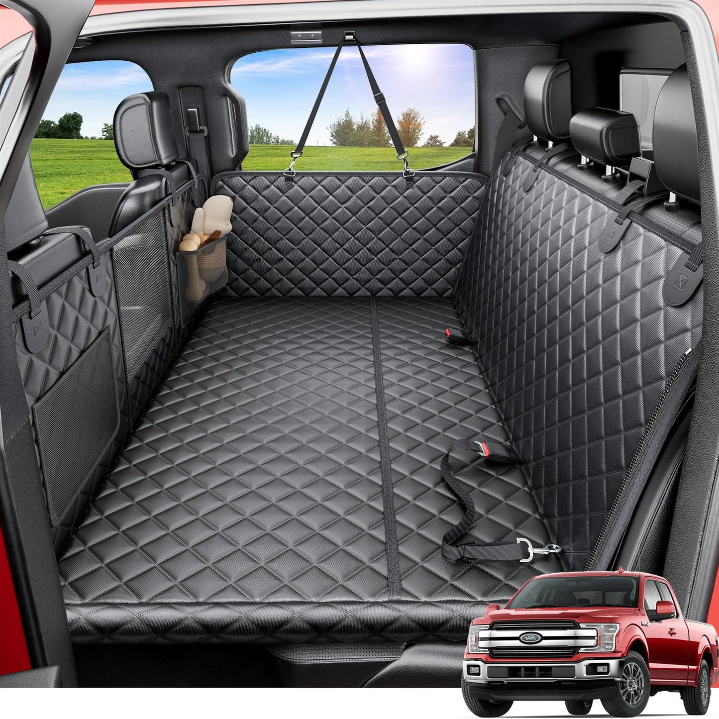 REEVAA Dog Truck Seat Cover for Back Seat, Hard Bottom Dog Hammock for Car, Pet Bed Extender for 2-4 Large Dogs, Waterproof Seat Protector, Universal XL Size Fits for Crew Cab Truck/SUV, Black