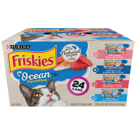 Purina Friskies Ocean Favorites Wet Cat Food Pate and Meaty Bits Variety Pack With Salmon and Tuna - (Pack of 24) 5.5 oz. Cans