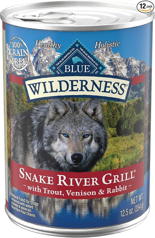 Blue Buffalo Wilderness Snake River Grill Natural High Protein Wet Food for Adult Dogs, Trout, Venison & Rabbit, 12.5-oz Cans, 12 Count