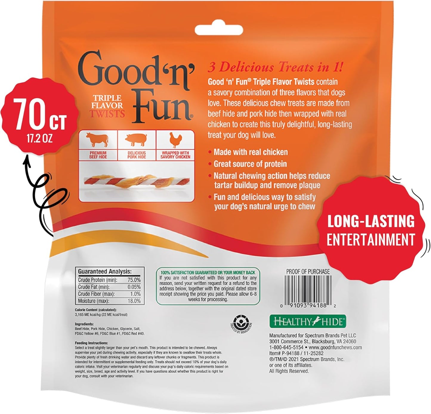 Good 'N' Fun Triple Flavor Twist Rawhide Treats For Dogs, 70 count