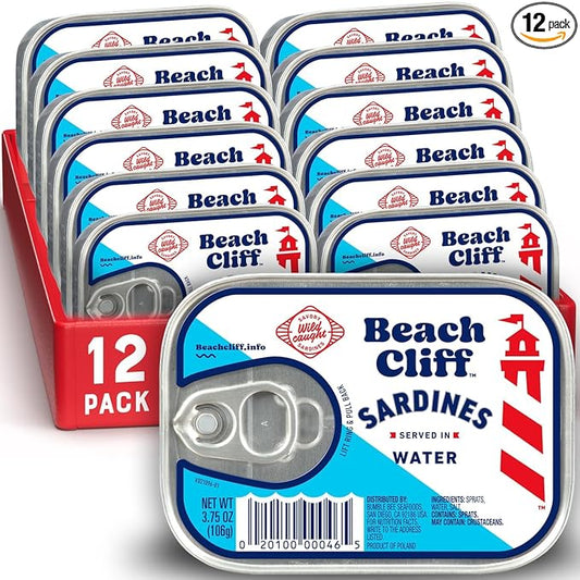 Beach Cliff Sardines in Water, 3.75 oz Can (Pack of 12) - Wild Caught Sardines - 12g Protein per Serving - Gluten Free, Keto Friendly