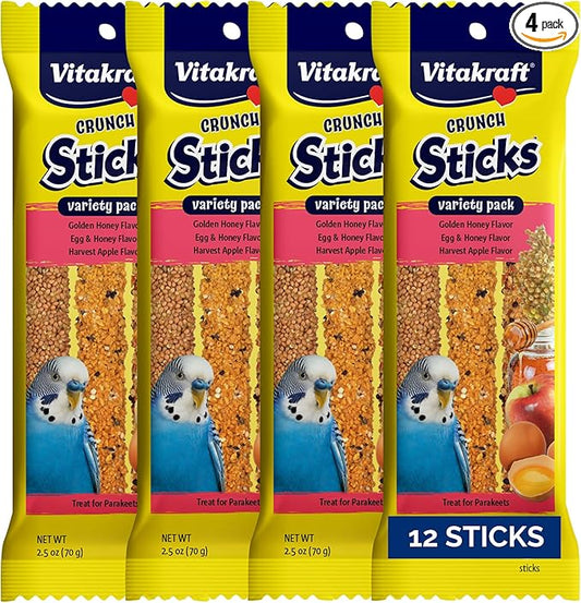 Vitakraft Crunch Sticks Parakeet Treat - Triple-Baked Millet Parakeet Treats with Natural Wood Center - Crunchy & Nutritious Bird Treat Sticks for Small Animals (12 Count, Honey, Egg, and Apple)