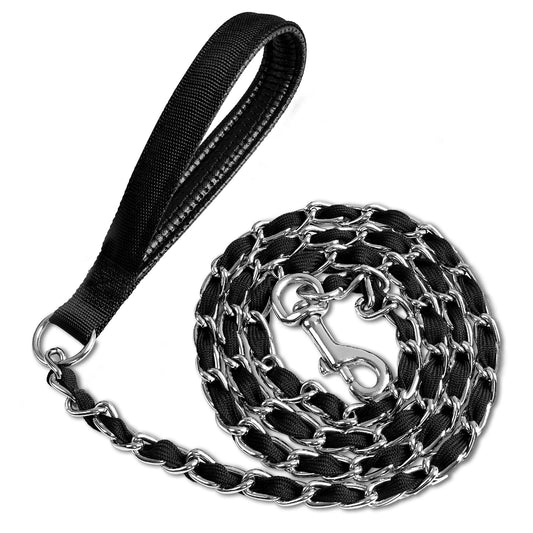 Metal Chain Dog Leash Chew Proof for Dogs, Black, 3.0mm, 4FT | Close Control for Training and Busy Areas, Chew Resistant Chain, Padded Handle, Swivel