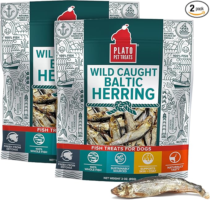 Plato Pet Treats Fish Dog Treats - Air-Dried, Single Ingredient Pet Treat - Omega 3 & 6 Fatty Acids to Support Skin and Coat - 100% Whole Fish - Wild Caught Baltic Herring - 3oz - 2 Pack