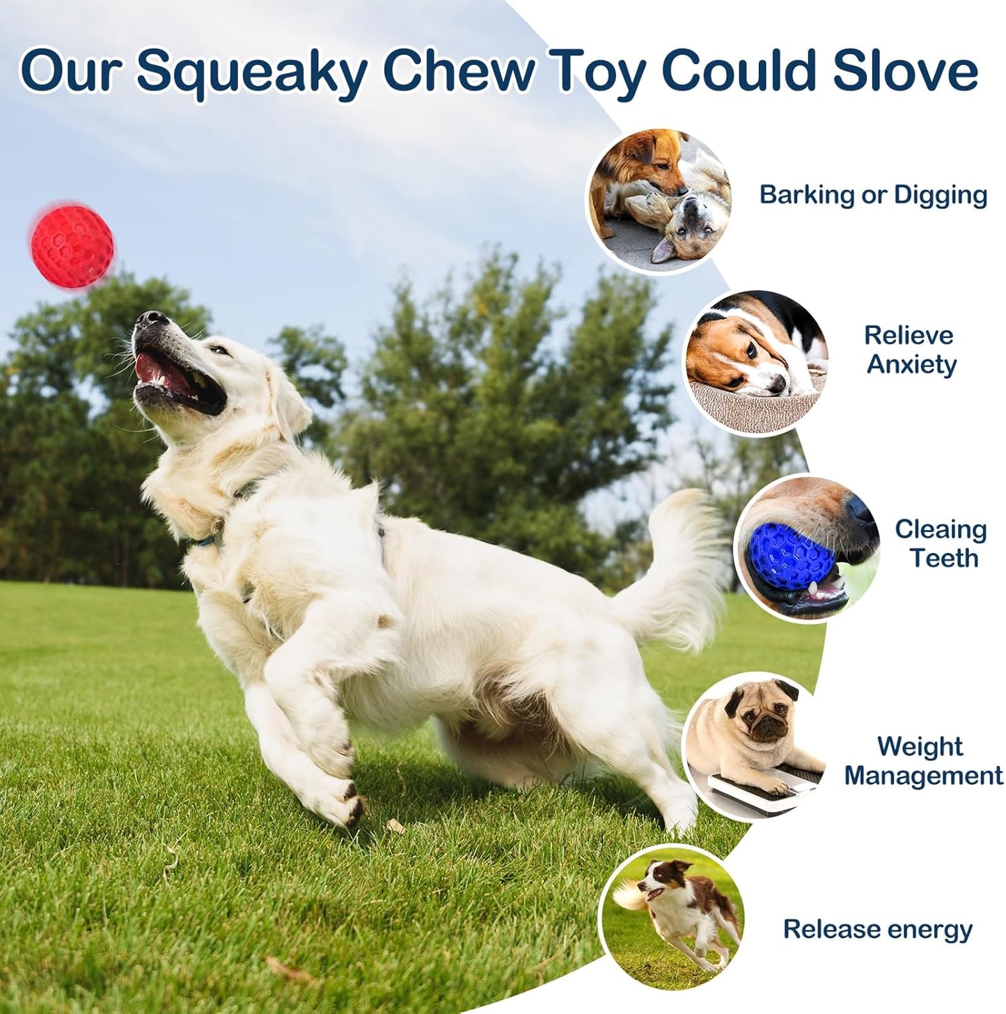 CHEODIN 2 Pack Indestructible Squeaky Dog Balls for Aggressive Chewers, Interactive Dog Toys for Teething, Relieving Anxiety. Chew Toy for Large, Medium Breeds, Outdoor Rubber Balls.