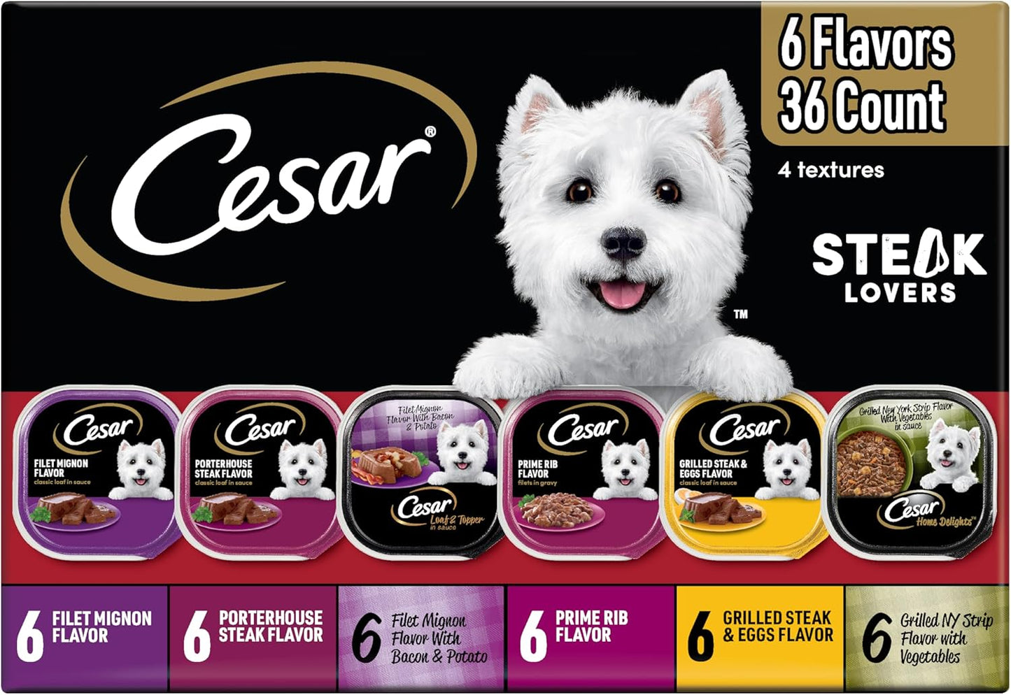 Cesar Wet Dog Food Steak Lovers Variety Pack, Adult, Wet Food for Dogs with Real Meat, 3.5 oz Easy Peel Trays, 36 Count