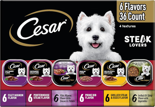 Cesar Wet Dog Food Steak Lovers Variety Pack, Adult, Wet Food for Dogs with Real Meat, 3.5 oz Easy Peel Trays, 36 Count