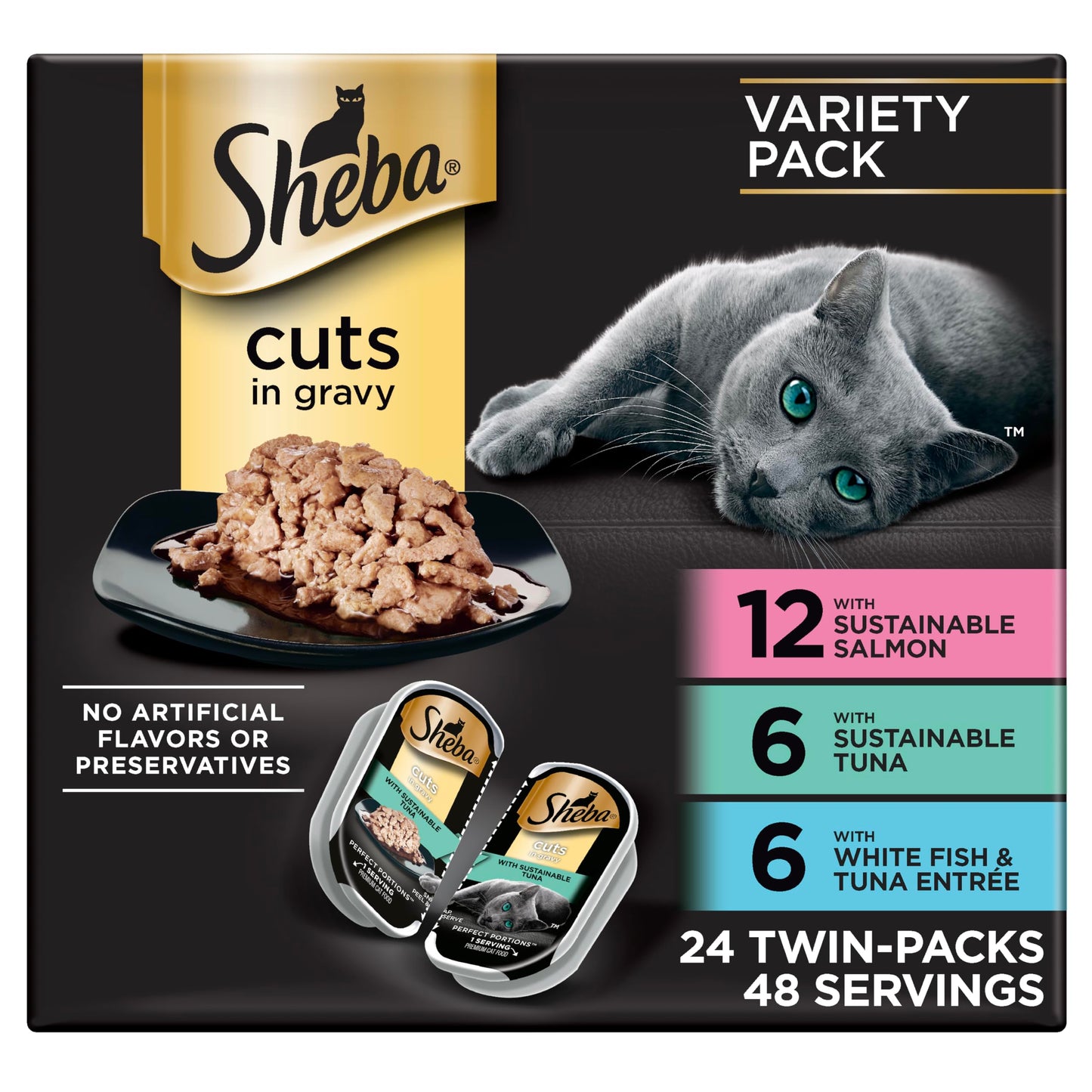 Sheba Perfect Portions Wet Cat Food Cuts in Gravy, Cat Food Wet Recipe, Sustainable Salmon, Tuna, White Fish and Tuna Entree, 2.6 oz. Twin-Pack Trays (24 Count, 48 Servings)