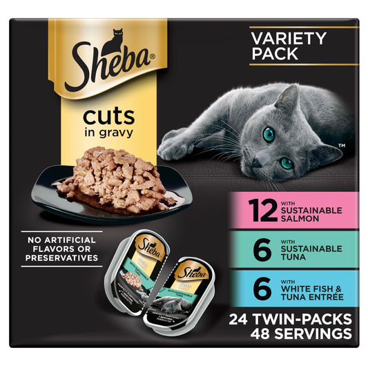 Sheba Perfect Portions Wet Cat Food Cuts in Gravy, Cat Food Wet Recipe, Sustainable Salmon, Tuna, White Fish and Tuna Entree, 2.6 oz. Twin-Pack Trays (24 Count, 48 Servings)
