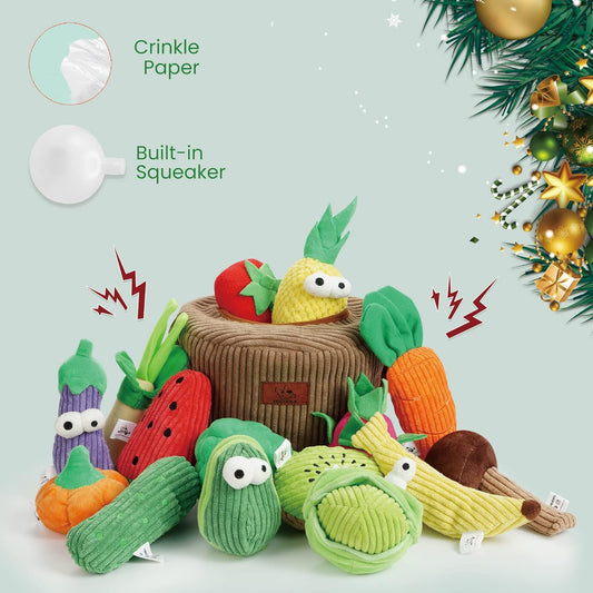Nocciola Small Squeaky Crinkle Dog Toys- 15 Packs Grocery Basket Fruits Veggies Puppy Toys to Keep Busy, Cute Durable Plush Stuffed Hide Seek Cognitive Dog Christmas Stocking Stuffers
