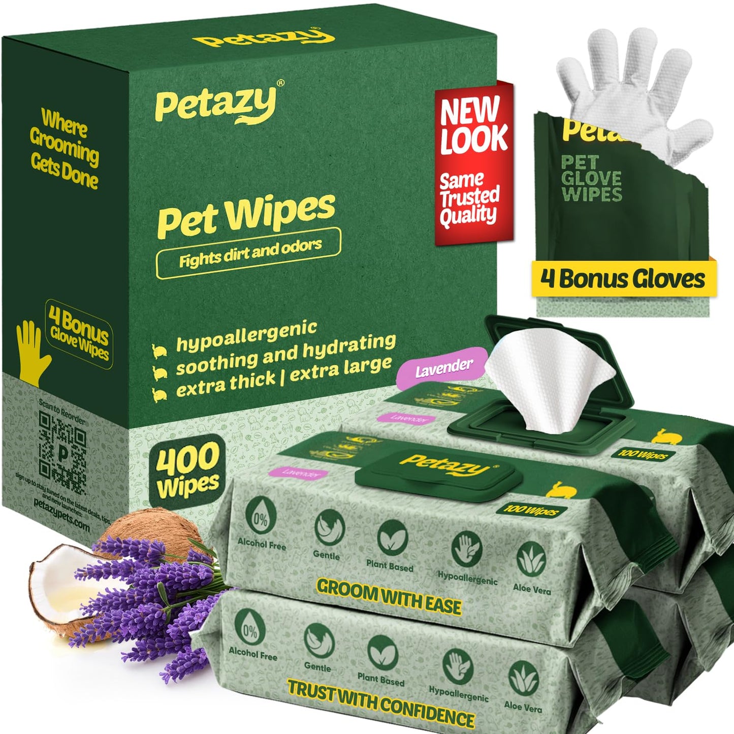 Petazy Dog Wipes for Paws and Butt – 400 Count (8x8in) Hypoallergenic, Deodorizing Pet Wipes for Dogs and Cats | Extra Large, Plant-Based, Lavender Scented | Includes 4 Grooming Glove Wipes