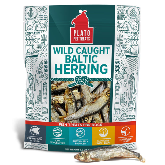 Plato Pet Treats Fish Dog Treats - Air-Dried, Single Ingredient Dog Treat - with Omega 3 & 6 Fatty Acids to Support Skin and Coat - 100% Whole Fish - Wild Caught Baltic Herring Dog Treats - 8.5 oz