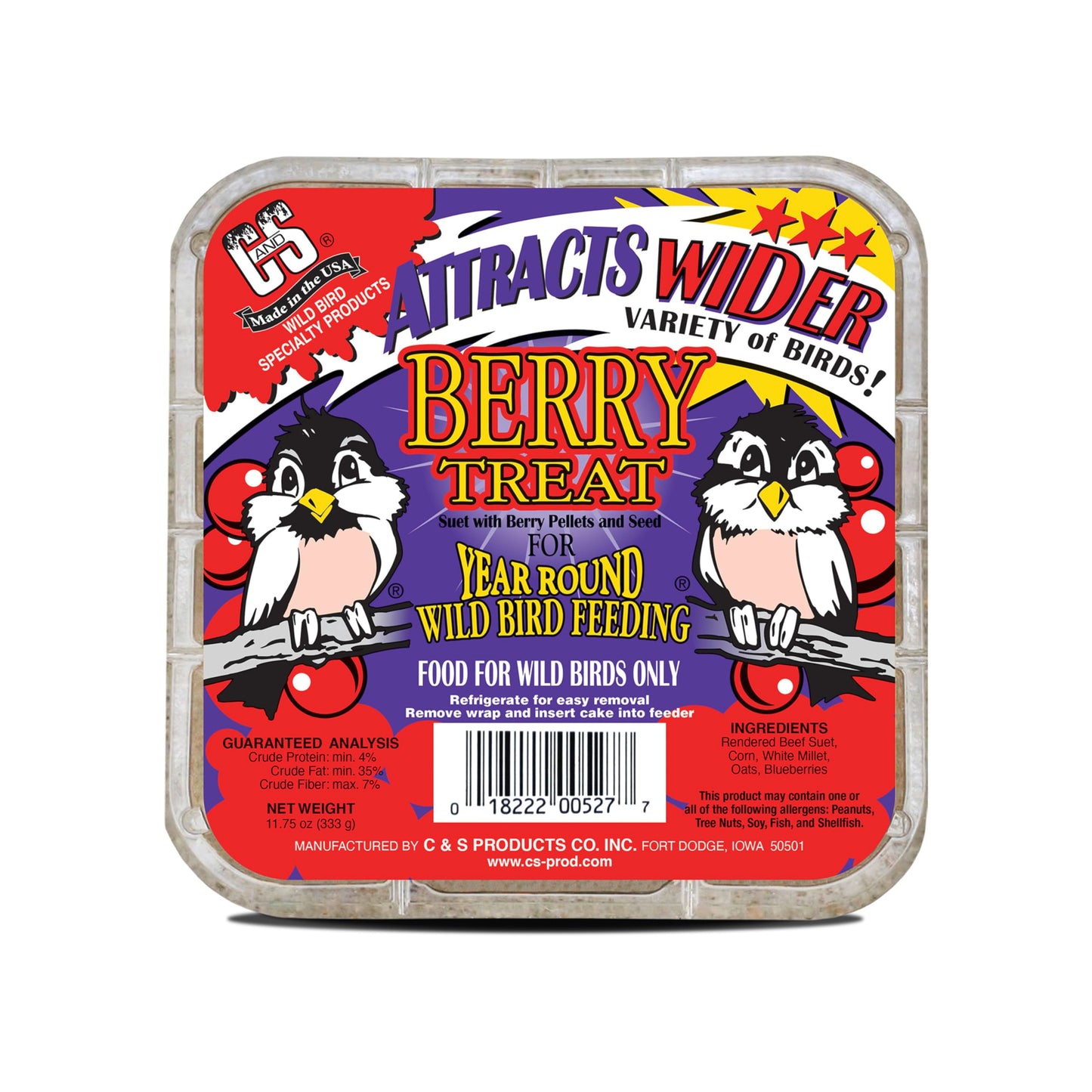 C&S Berry Suet Treat, Wild Bird Food for Robins, Blue Jays, Bluebirds, Tanagers, Thrushes and More, 8 Pack