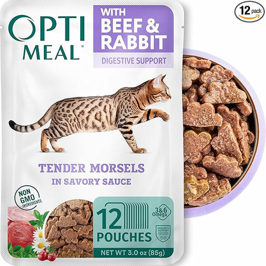 Optimeal Grain-Free Wet Cat Food Pouches – Beef & Rabbit in Savory Gravy, High Protein & Moisture-Rich Tender Morsels, Indoor Adult Cat Food Wet with Natural European Ingredients, 3 oz (Pack of 12)
