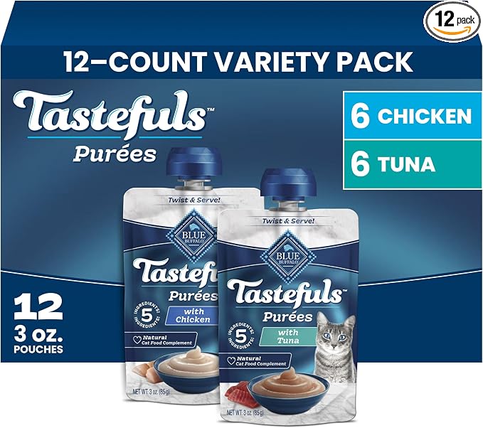 Blue Buffalo Tastefuls Purées Variety Pack Wet Cat Food Complement (Chicken & Tuna) Made with Natural Ingredients, for All Life Stages, 3-oz.