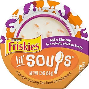 Purina Friskies Grain Free Lickable Cat Food Toppers Lil’ Soups With Shrimp in a Velvety Chicken Broth - (Pack of 8) 1.2 oz. Cups