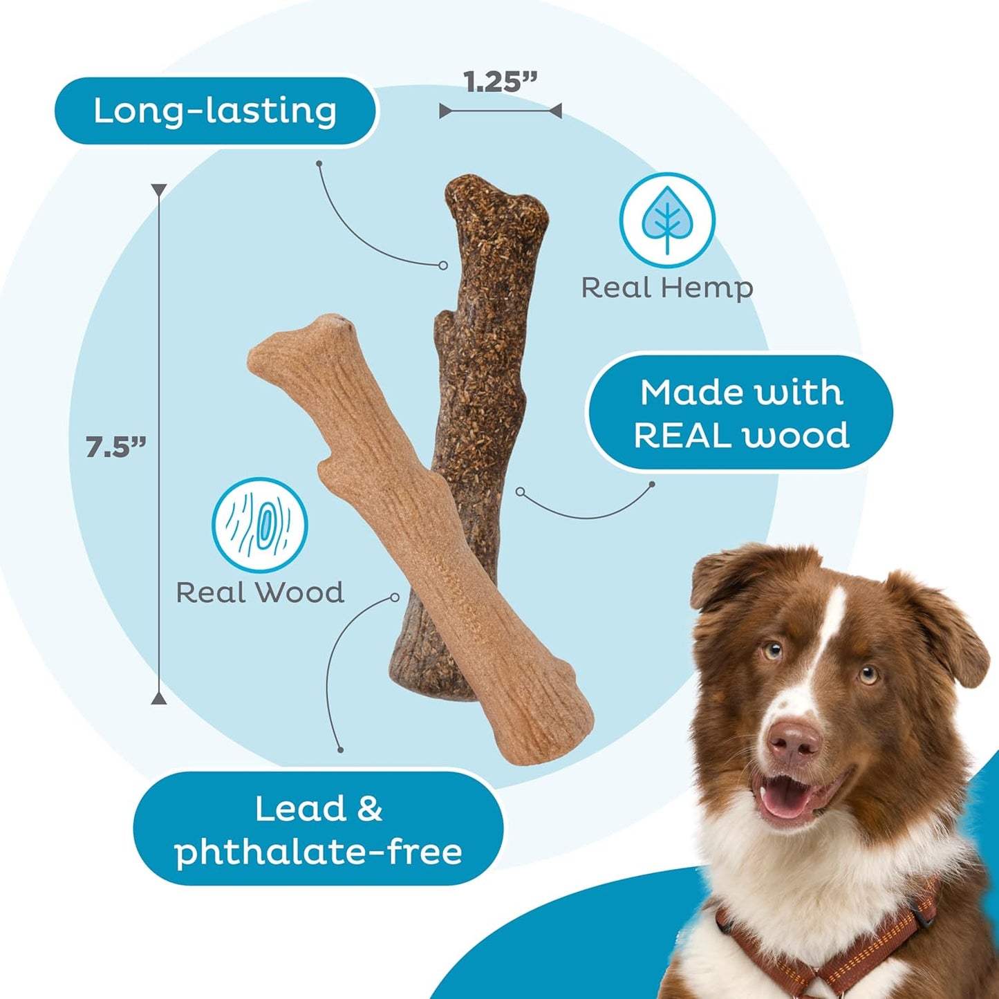 Pupstages by Petstages Dogwood Calming Dog Chew Toy – Real-Wood Blend, Moderate Chewers, Medium, 7.5", 2-Pack (Natural & Hemp Flavors)