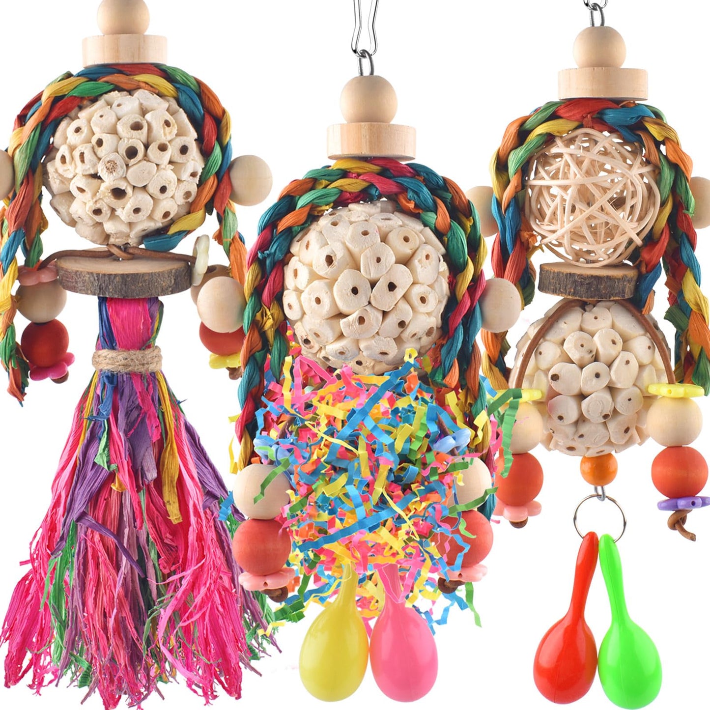 Bissap 3PCS Bird Parrot Foraging Shredder Hanging Toys Sola Balls with Sand Hammer for Small Parrots Parakeets Conures Cockatiels Love Birds Cage Toy