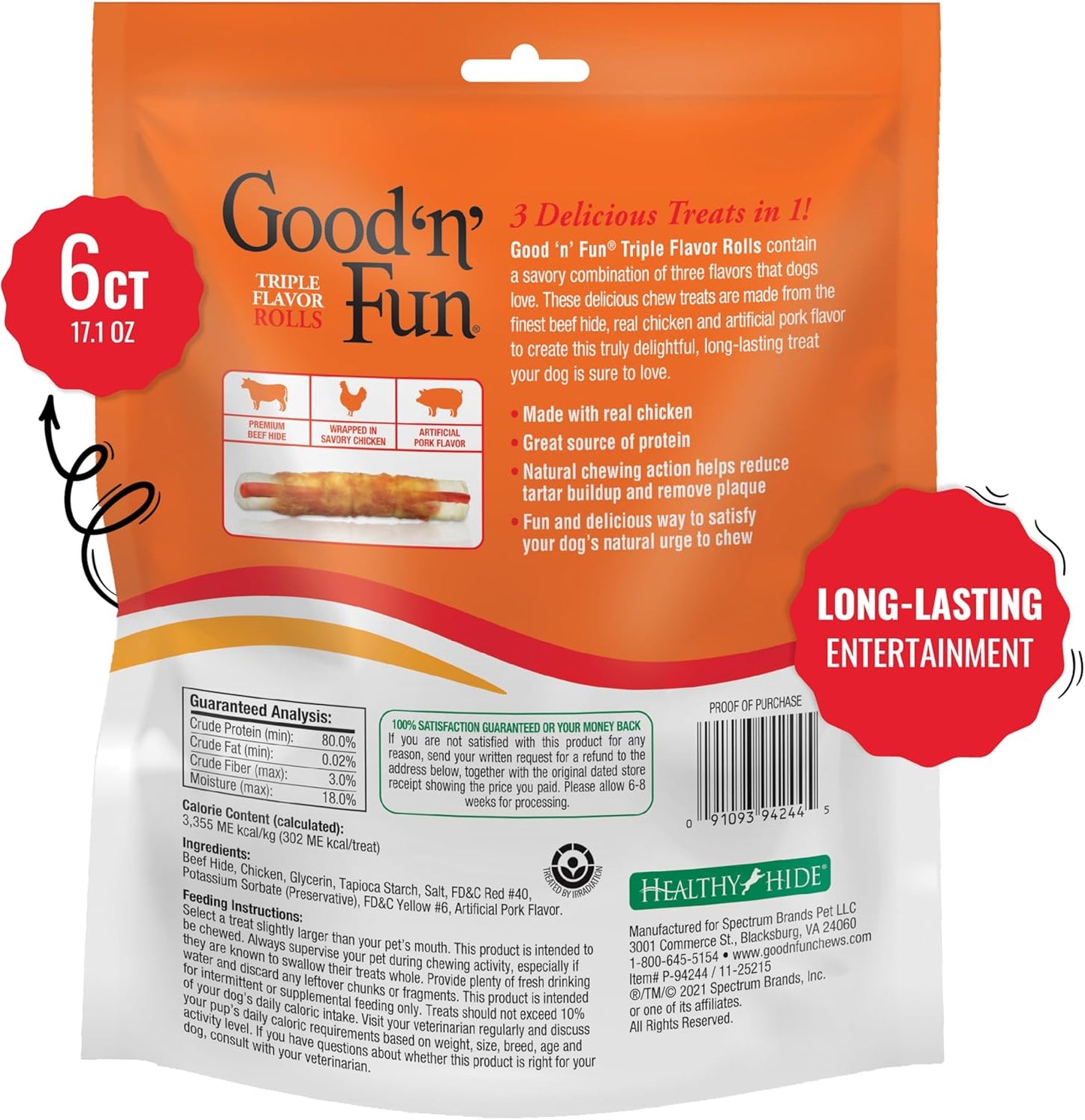 Good'n'Fun Triple Flavor 7 inch Rolls, Chews for Dogs, 6 Count (Pack of 1)