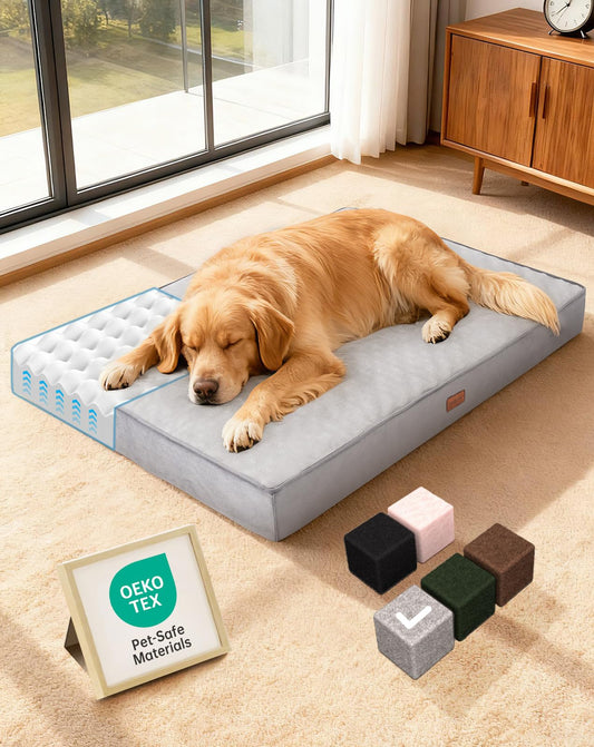 OhGeni Orthopedic Waterproof Dog Bed for Large Dogs, Machine-Washable Removable Cover in Easy-Clean Fabric, High Density Foam & Easy-Carry Handle, Suitable for Crate, 41 inch (Gray)
