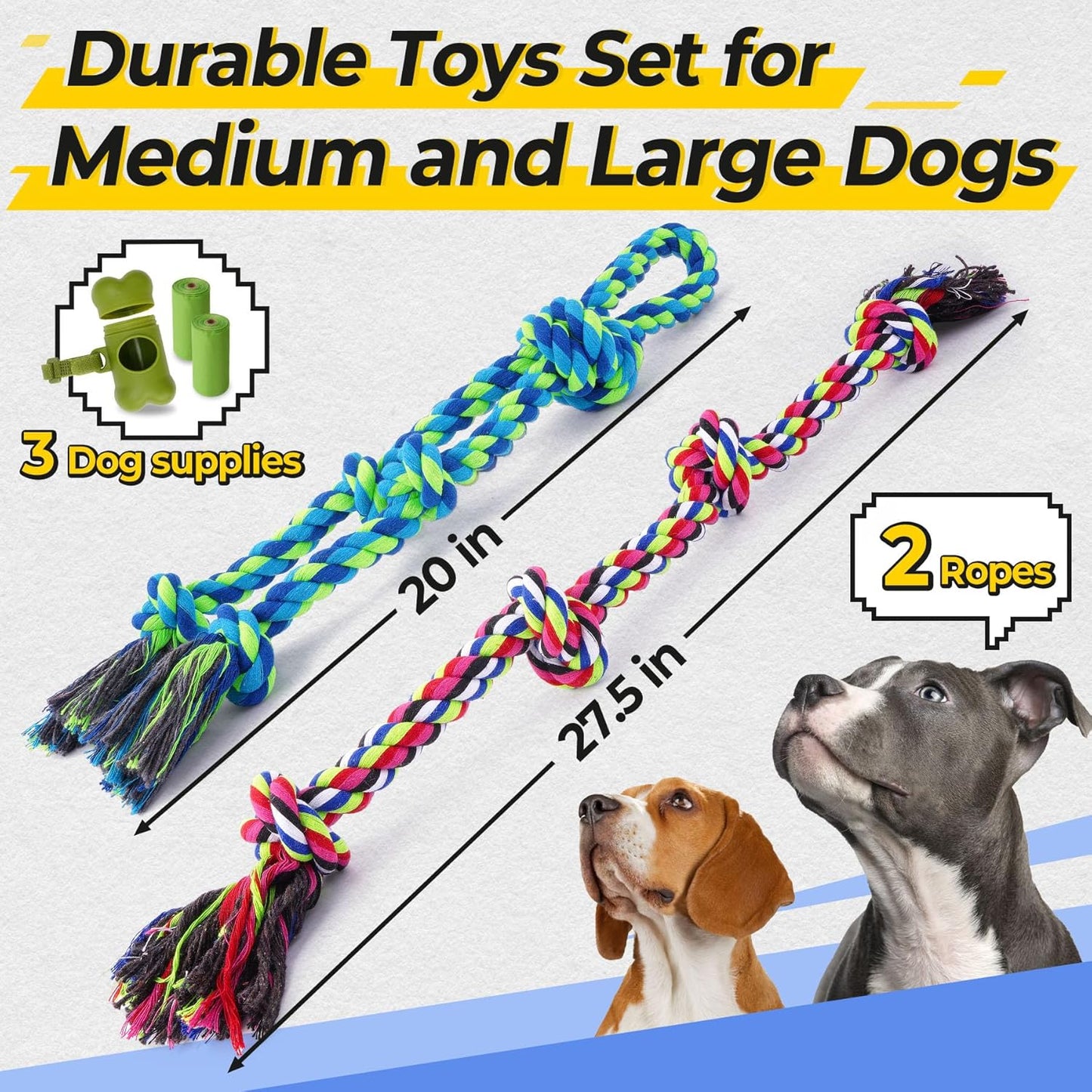 Eefitoys Tough Dog Rope Toys for Aggressive Chewers, Tough Tug of War Dog Toys for Large, Medium & Small Dogs – 5 Pack Including 2 Ropes & 3 Supplies