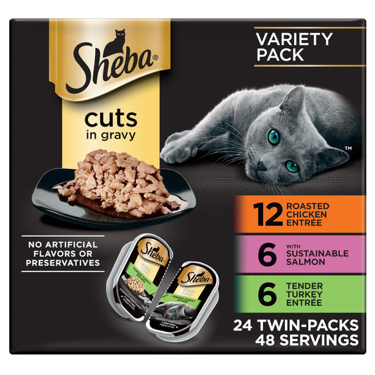 Sheba Perfect Portions Wet Cat Food Cuts in Gravy, Cat Food Wet Recipe, Roasted Chicken Entree, with Sustainable Salmon, Tender Turkey Entree, 2.6 oz. Twin-Pack Trays (24 Count, 48 Servings)