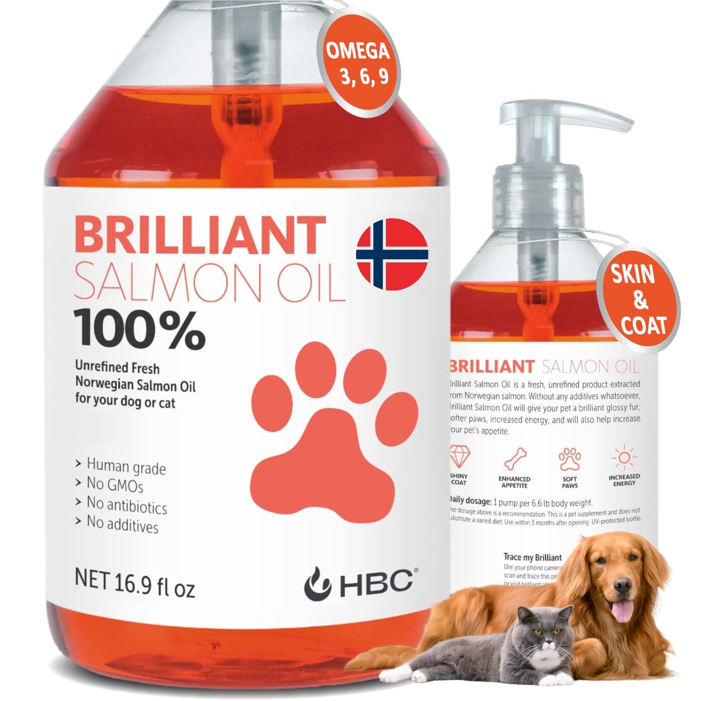 Salmon Oil for Dogs - Healthy Skin & Coat, All Natural Norwegian Fish Oil Food Supplement for Pets, Omega 3 EPA DHA, Ideal for Shedding, Allergy, Itching, Dry Skin, Joint & Bone Health - 16.9 Oz