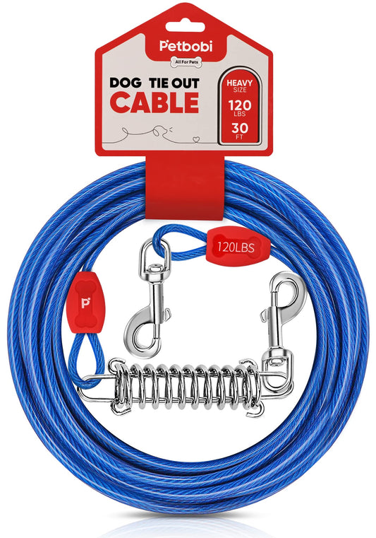 Petbobi Dog Tie-Out Cable 30ft -Heavy Duty Dog Lead Up to 120 lbs, Outdoor Leash Metal Cable with Shock Spring 360° Swivel Clips, for Yard Camping
