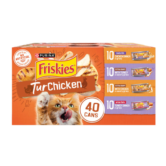 Purina Friskies Wet Cat Food Gravy Variety Pack, TurChicken Extra Gravy Chunky, Meaty Bits and  Filets - (Pack of 40) 5.5 oz. Cans