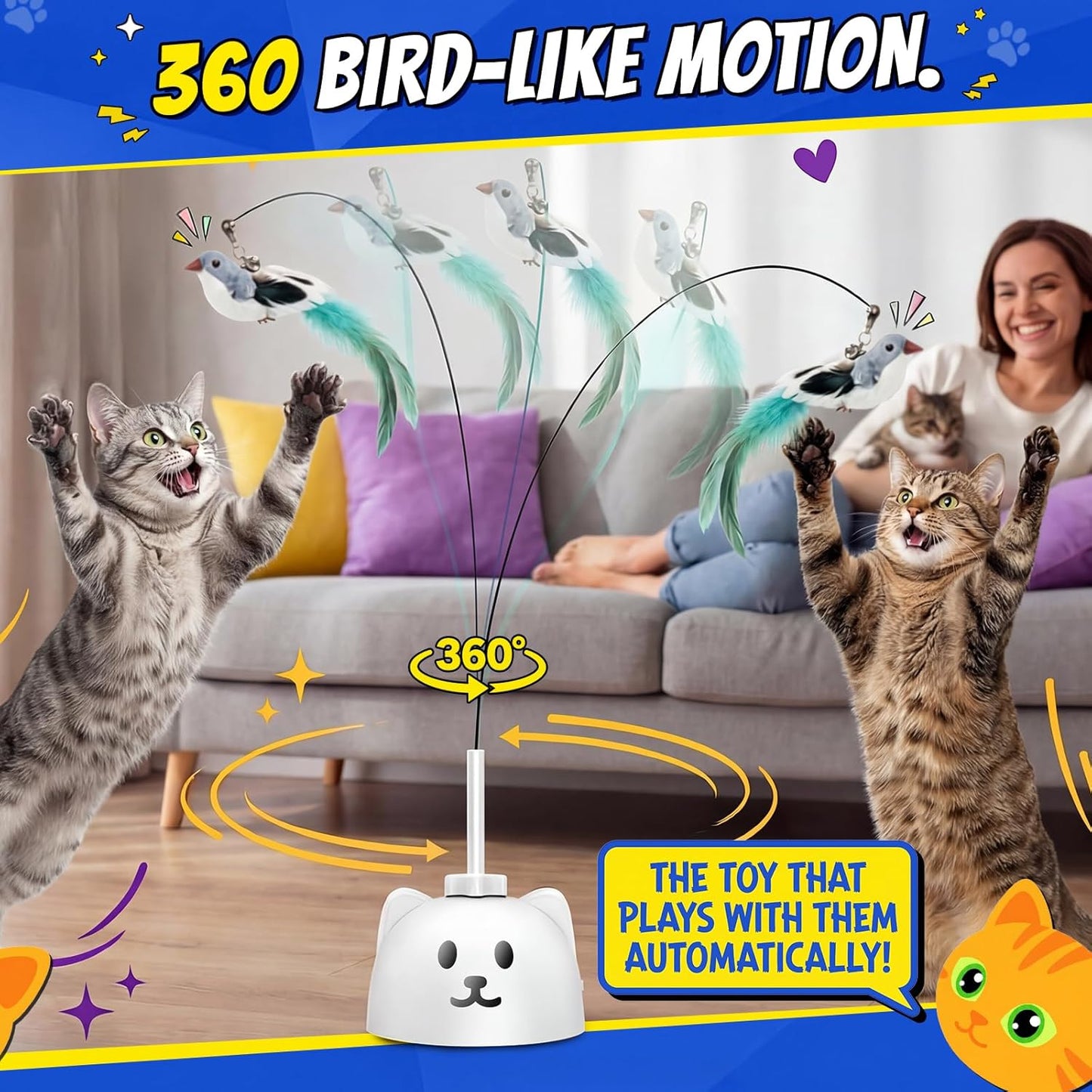 Interactive Cat Toys for Indoor Cats - Automatic Flying Bird Feather Toy, USB Rechargeable Electric Cat Teaser with Sticky Suction Base, Smart Motion Activated Self-Play Enrichment Toy for Bored Cats